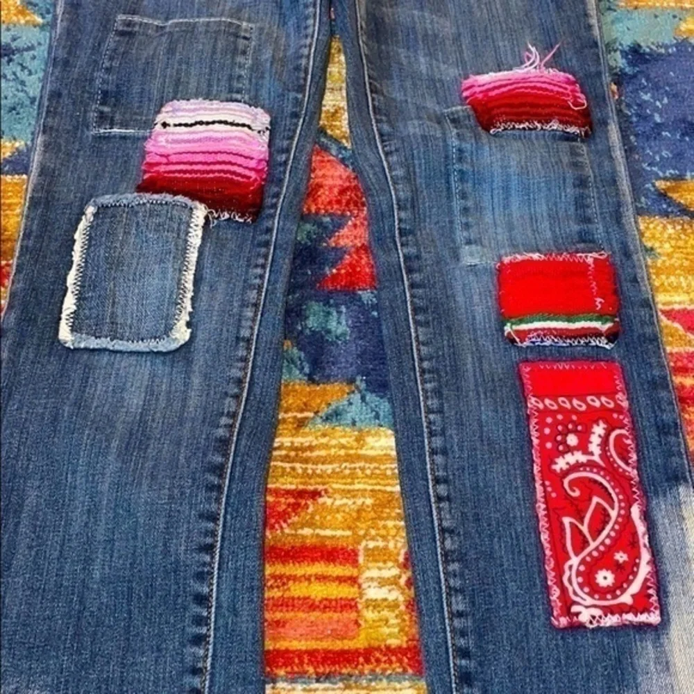 Free People Artisan De Luxe Patchwork Boho Distressed Acid Washed Denim Jeans